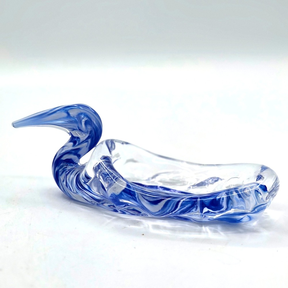Hand Blown Cobalt Blue Swirl Art Glass Bird Swan Trinket Dish